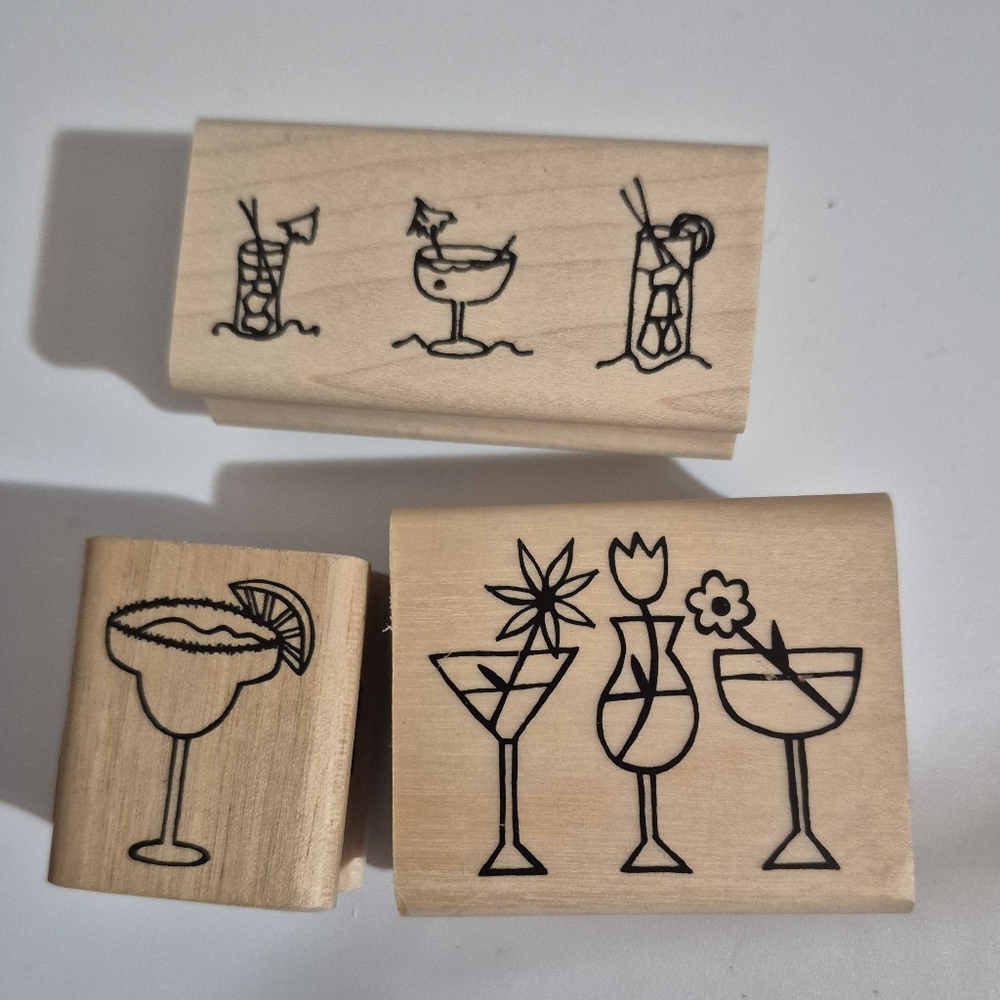 Wooden Rubber Stamps Set Cocktails Flower Drinks & Margeritas Stamp Set Of 3